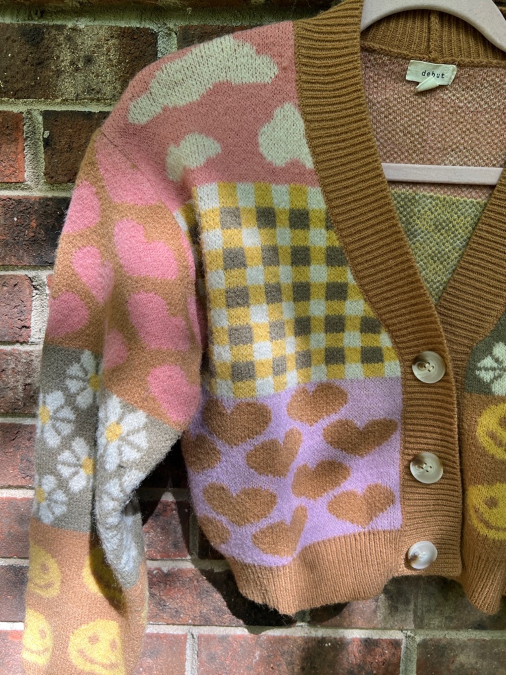 Debut Patchwork Knit Cardigan in Pink, Tan, Yellow - Picture 2 of 5